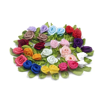 10 PK Small Mini Satin Ribbon Rose Buds Flowers Leaves Embellishment 1.5cm UK • £2.20