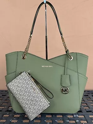 Michael Kors Jet Set Travel Lg Chain Shoulder Tote Bag + Double Zip Wallet Sage • $198.80