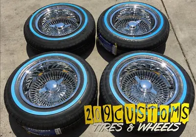 4 14  100 SPOKES WIRE WHEELS 14x7 REVERSE WITH IMPALA  CUTLASS REGAL WHITE WALLS • $1899