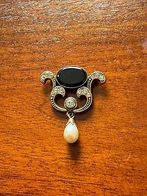 Gilded Edwardian Pearl Drop Lyre Pendant With Onyx And Clear Paste • £75