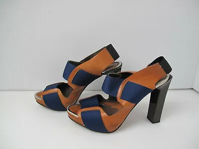 Marni Womens Shoes Blue Brown  Patent Leather Chunk Heel Sz Eu 39 Us 8.5 • $55