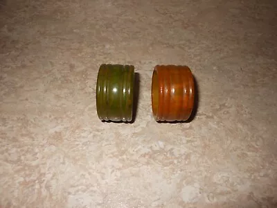 SALE--2 VINTAGE BAKELITE GREEN & AMBER Ribbed Marbled Napkin Rings • $16.99