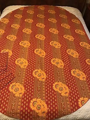 FAB Vent Du Sud Brick Red & Yellow Sunflower Striped Oval Tablecloth & 6 Napkins • $93.99