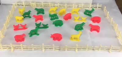 Vintage Plastic Miniature Mini Farm Animals & Fence Green Yellow Red • $19