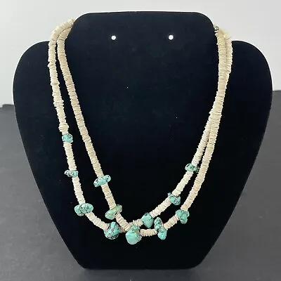 Vintage Native American Heishi Beads And Turquoise Double Strand Necklace • $99.98