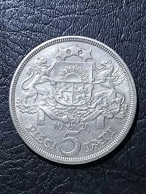 1929 Latvia 5 Lati AU Silver Coin - Incuse Lettering Position B • $81.69