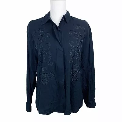 Georges Marciano Button Up Shirt Women Medium Black Long Sleeve Floral Embroider • $12.50