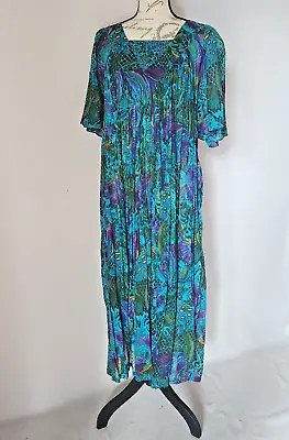 Vintage Patchauli Tropical Fish Indian Cotton Gauze House Maxi Dress Pocket Sz.M • $59.98