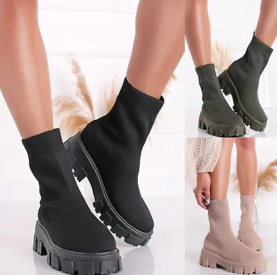 £22.90 • Buy Ladies Womens Flat Chunky Platform Sole Chelsea Slip On Sock Ankle Boots Shoes