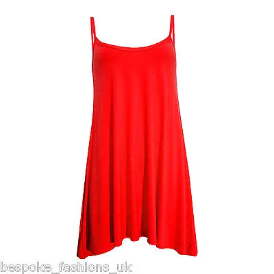 Women's Plain Cami Stretchy Flared Ladies Swing Mini Dress Long Vest Top 8-22 • £8.50