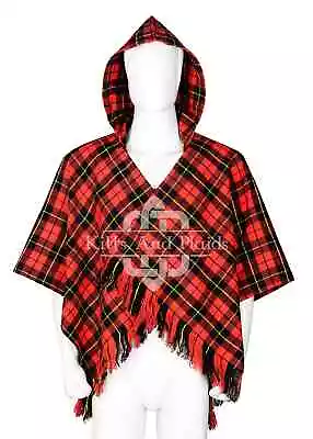 Scottish TARTAN PLAID CAPE Winter Plaid Shawl - Tartan Button Poncho Hoodie • £45.60