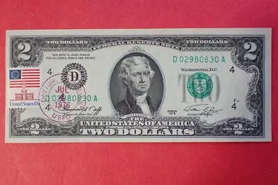 US 2 Dollar Bill JULY 4 1976 ( CLEVELAND D ) Lucky Money Note USPS Stamp Cancel • $7.95