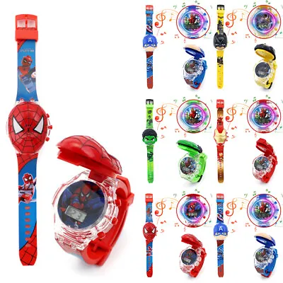 Spiderman Kids Boys Flashing Light Up 3D Glow Digital Musical Flip Cover Watch • £4.21