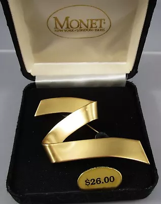 NOS New In Box MONET Matte Gold Tone Metal Ribbon Brooch Pin • $14.99