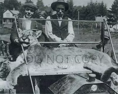 ANTIQUE 8x10 PHOTOGRAPH REPRINT HUNTER'S WITH HUGE MOUNTAIN LION COUGAR ON CAR • $11.99