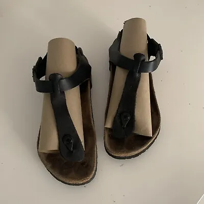 Birkenstocks Kairo Black Leather Ankle Strap Thong Sandals Cork Footbed EU 40 • $90