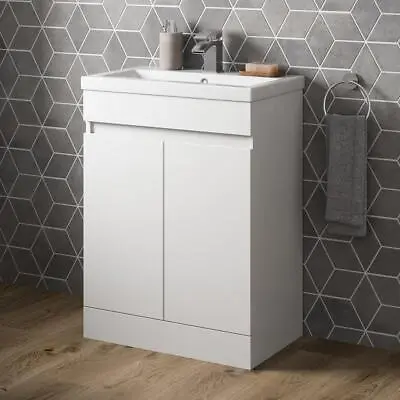 600mm Vanity Unit Gloss White Floor Standing Double Door Basin Sink Bathroom • £148.47