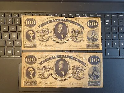 Two 1862 $100 VIRGINIA TREASURY NOTE RICHMOND VA NOVELTY REPRODUCTION NOTE • $8