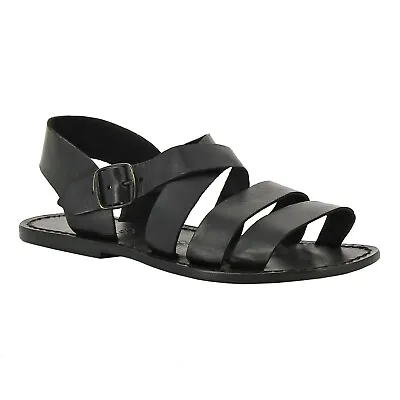 Italian Flat Ankle Strap Open Men's Sandals Shoes Handmade In Black Soft Leather • $109.95