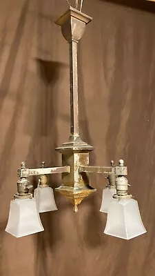 Antique 1900s Arts Crafts Mission Brass Bronze Ceiling Light Fixture Chandelier • $695