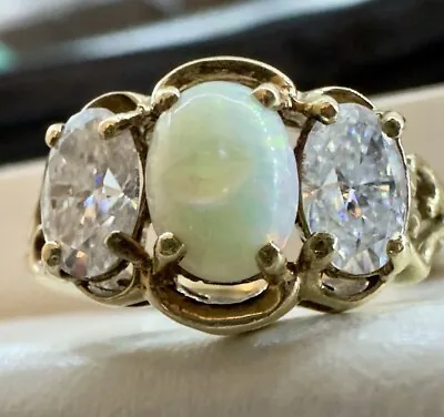 Vintage Hand Made 10k Solid Gold Natural White Opal And Crushed Ice Oval Ring • $200