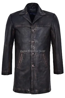 Mens Real Leather Coat Black Bronze Knee Length Classic Long Blazer Coat 3476-B • £129.73