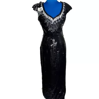 VTG Alyce Designs Sequined Beaded Maxi Dress Gown Black Cap Sleeve Size 12 • $69.99