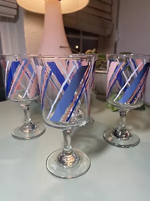 Set Of (4) Four Vintage Stemware 1980’s Blue Pink Pastel Goblets • $30