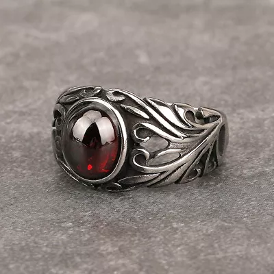 Vintage Irises Flower Oval Garnet Ring Stainless Steel Retro Wedding Biker Ring • $14.98