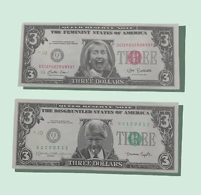 Lot Of 2 Vintage Bill & Hillary Clinton Three Dollar $3 Bills Novelty Satire  • $4.70