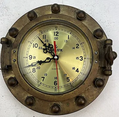 Vintage Telux Ship's Brass Wall 9” Clock Porthole Nautical Maritime Great Patina • $65.88