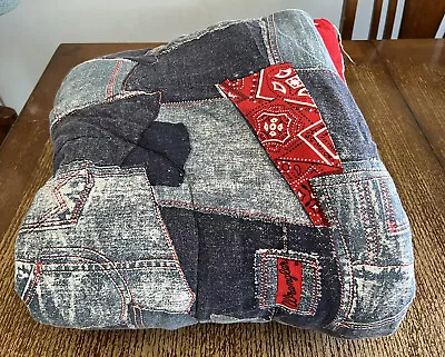 Vintage Wrangler Sleeping Bag 30 X 57 Denim Patch Bandana Patchwork 1970's Red • $24.99