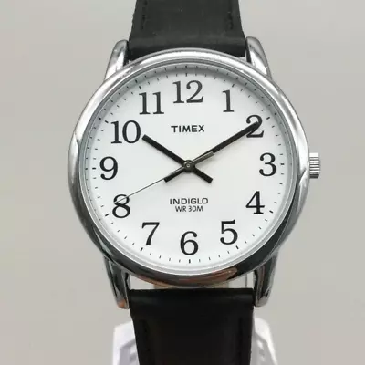 Timex Easy Reader Watch Men Silver Tone 35mm Leather BOX Indiglo New Battery • $26.99