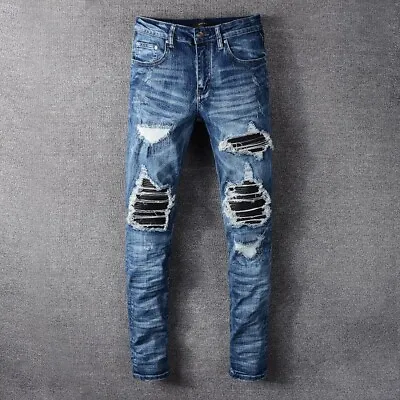 Men’s Ripped Pleated Slim Fit PU Patch Jeans Stretch Distressed Blue Biker Pants • $58.48