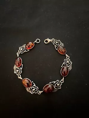 Vintage Amber Sterling Silver-- Clasp Bracelet 925- ROSE PATTERN- 14gr • $36.99