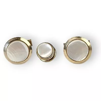 Vintage Cuff Links Tie Tack Pin Set Round Mother Of Pearl Brass Mid Century MOP  • $15.96