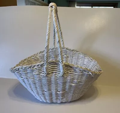 Vintage White Oval Woven Wicker Gathering Easter Basket Handle French Country • $13.99