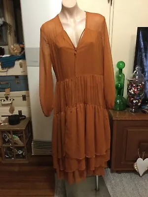 VILA Hippie Boho Terracotta Brown Tiered Dress Maxi Length Size 40 • $58