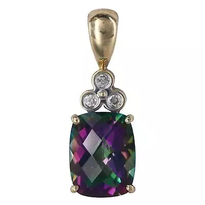 14k Yellow Gold Synthetic Mystic Topaz Cushion Cut And Diamond Pendant • $1