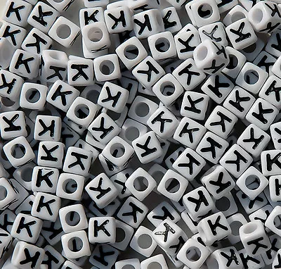 Letter K - 100pc 7mm Alphabet Beads White With Glossy Black Letters • $5.99