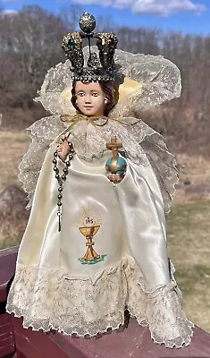 Vintage Jesus Infant Of Prague Chalkware Statue Glass Eyes Metal Jeweled Crown • $89.99