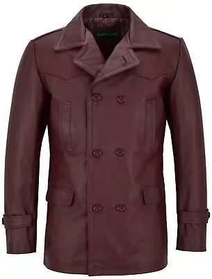 KRIEGSMARINE Mens Leather Coat German WW2 Long Jacket Cherry Cowhide Pea Coat • $138.36