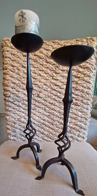 Wrought Iron Candle Holders Craftsman Mission Blacksmith Set Stands 13in&15.5in  • $62