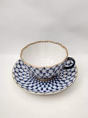 Vintage Lomonosov Tea Cup W/ Saucer Cobalt Net Blue/Gold Trim - Made In Russia • $40