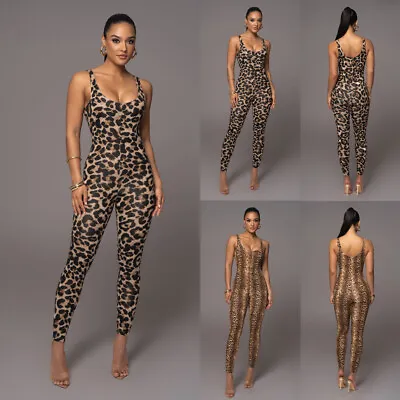 Women Sexy Bodysuit Leopard Print Sleeveless Catsuit Leotard Yoga Pants Jumpsuit • £12.71