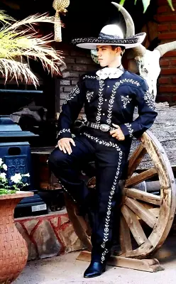 Men 2 Piece Bespoke Black Cotton Embroidered Mariachi Men's Suits For Wedding • $1306.79