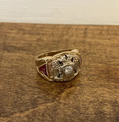 14K GOLD Masonic 32nd Degree Scottish Rite Ring Double Eagle Diamond 15 Grams • $1099