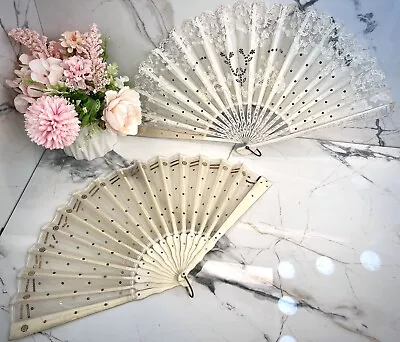 Lot Of 2 Antique Belgian Lace Hand Fan Handcrafted Off White Old Lace Victorian • $14.99