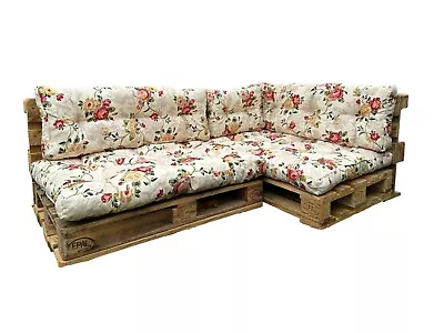 Pallet Cushion Set Garden Outdoor EURO Corner Sofa 120x200cm Floral Cream Tufted • £164.95