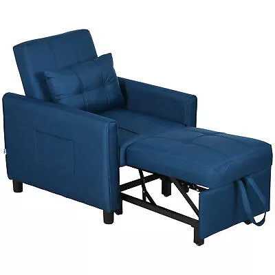 HOMCOM Pull Out Chair Bed Sleeper Chair With Pillow Side Pockets Blue • £199.99